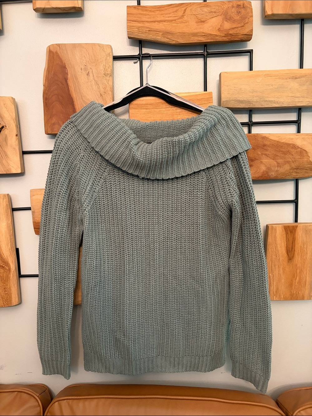 FAVLUX Off-the-Shoulder Chunky Knit Sweater in Sage Green